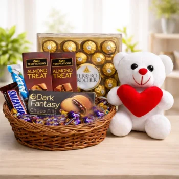 Chocolate Gift Basket with Ferrero Rocher & Heart Teddy